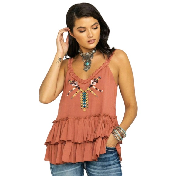 Shyanne Tops - Shyanne Rust Tiered Ruffle Embroidered Tank Top